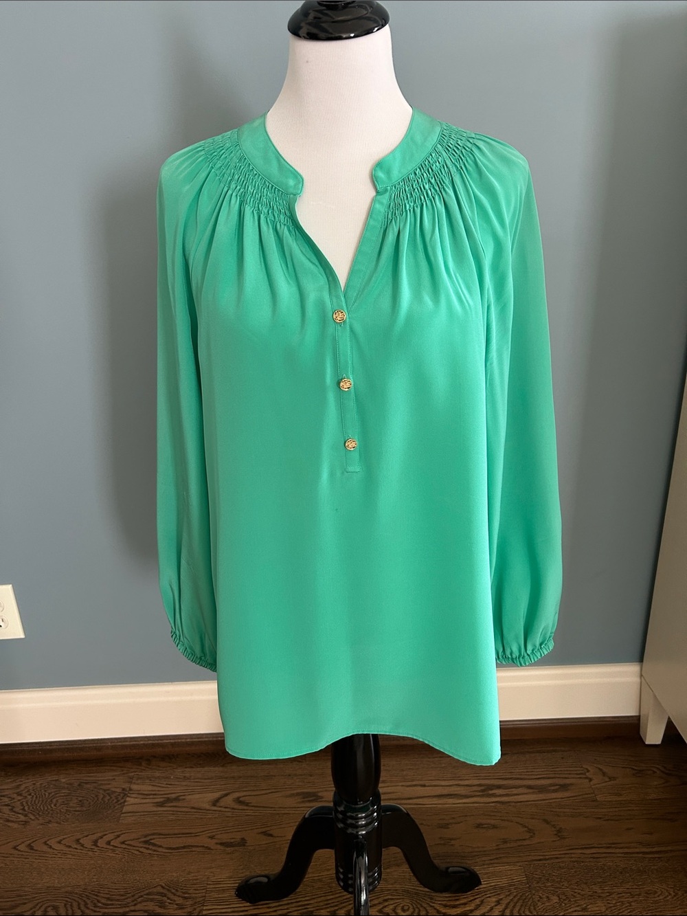 Lilly Pulitzer Emerald Green Smocked Yoke Long-Sleeve Blouse